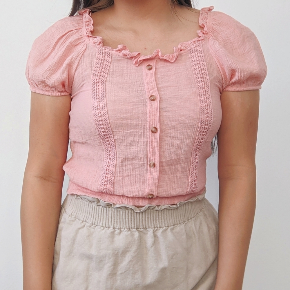 Pink Puff Sleeve Peasant Top